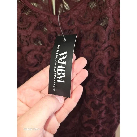 White House Black Market Lace Shell Top Womens 6 Burgundy NWT Flutter Sleeve - Picture 3 of 4